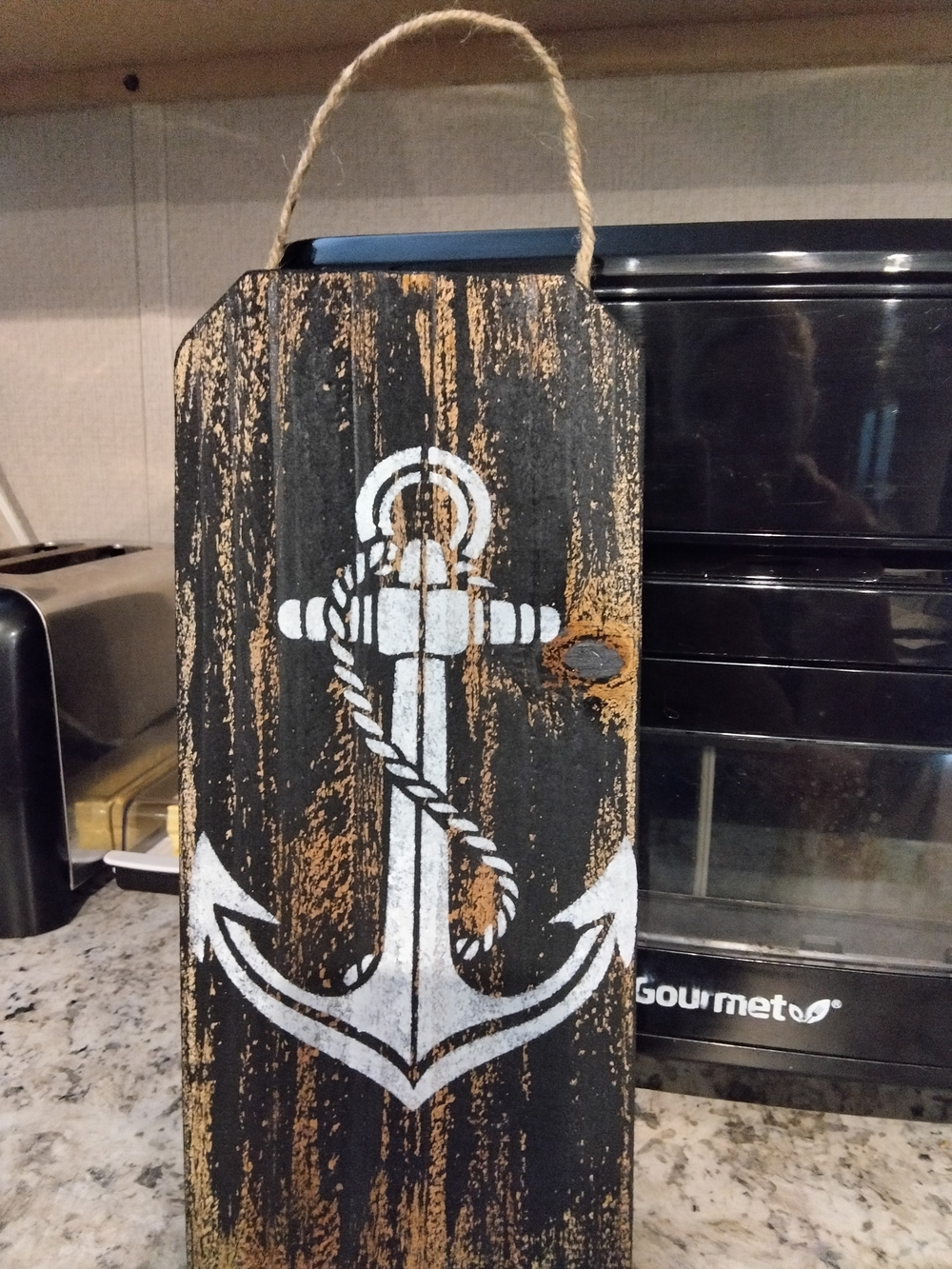 Handmade Rustic Wood Hanging Sign Nautical Anchor Black/White Distressed 5.5"X12
